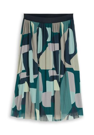 Plissierter Midirock mit elastischem schwarzen Bund und abstraktem geometrischem Muster in Türkis-, Marine-, Grau- und Beigetönen auf leichtem Stoff.