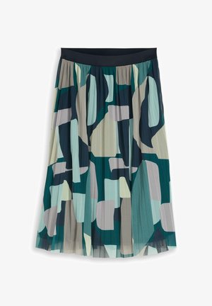 Jupe midi plissée avec taille élastique noire et motif géométrique abstrait en tons sarcelle, marine, gris et beige sur tissu léger.