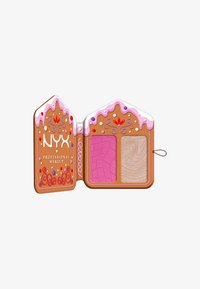 NYX makeup compact i design med peberkagehus med pink blush og skinnende highlighter, præget mønster og dekorative detaljer.