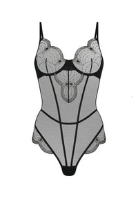 Body din plasă neagră cu detalii din dantelă cu margini ondulate, bretele ajustabile, modele intricate și un design decupat pe torace și șolduri.