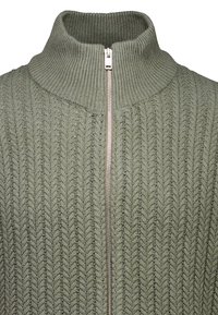 Olivgrüner Strickpullover mit hohem Kragen und silbernem Reißverschluss. Verfügt über ein Zickzackmuster und strukturierten Stoff.