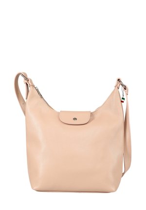 Beige Leder Schultertasche mit einem Klappenverschluss, Reißverschluss oben, verstellbarem Trageriemen und einem kleinen italienischen Flaggenanhänger.
