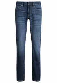 Mörkblå denimjeans med rak passform, femficksdesign, synlig sömnad och en klassisk midja med en metallknapp och dragkedja.