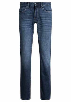 Jeans di denim blu scuro con vestibilità dritta, design a cinque tasche, cuciture visibili e una vita classica con bottone metallico e zip.