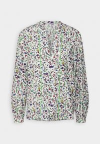 Blouse blanche à manches longues avec imprimé floral multicolore et passepoil vert vertical, dotée d'un col en V et de poignets froncés.