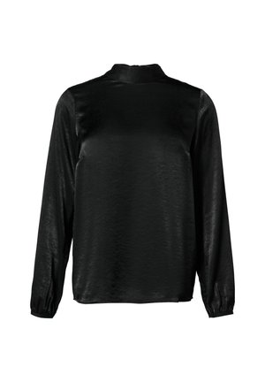 Czarna bluzka z długim rękawem, wykonana z jedwabistego materiału, z wysokim kołnierzem, dopasowanymi rękawami oraz gładką, błyszczącą fakturą.