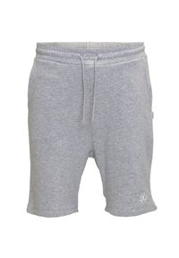 Graue Baumwollmischung-Shorts mit einem elastischen Bund und Kordelzug, Seitentaschen und einem kleinen weißen Logo am Saum.