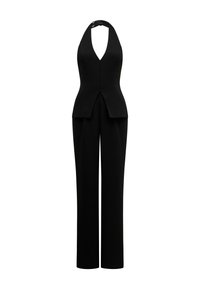Black halter-neck sleeveless jumpsuit with a deep V-neckline and tailored wide-leg pants.