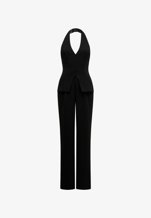 Schwarzer Halterneck-Jumpsuit ohne Ärmel mit tiefem V-Ausschnitt und maßgeschneiderten weit geschnittenen Hosen.
