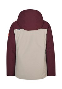 Kapuzejacke mit einem bordeauxfarbenen oberen Abschnitt und einem beigen unteren Abschnitt. Glattes Gewebe, mit einem Logo-Patch auf dem Rücken und minimalistischen Design.