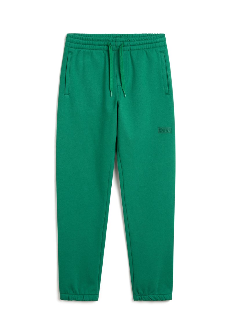 Groene joggingsbroek van zacht materiaal, met een elastische tailleband met verstelbare koordjes, zijzakken en een logopatch op het been.