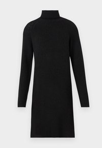 Black knitted dress with a high neck, long sleeves, and a straight cut. Features textured fabric with subtle detailing on shoulders.