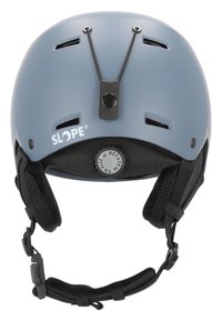 Matteblå Slope-hjälm med justerbar ratt, ventilationsöppningar, vadderade öronkåpor och svart hakrem med spänne.