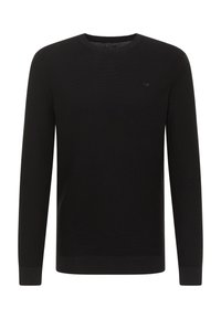 Schwarzer Strickpullover mit Rundhalsausschnitt, langen Ärmeln und geripptem Saum. Mit dezentem Branding auf der Brust. Glatte Textur.