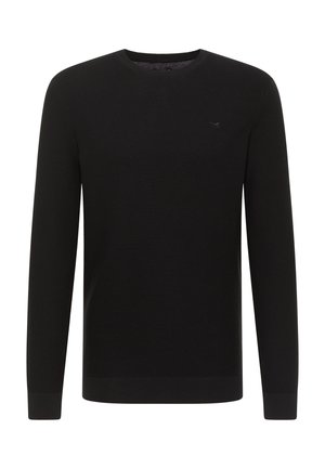 Mustra mustreeritud must soe särk, millel on ümar kaelus, pikad varrukad ja soonikserv. Rinnaosas on peen brändimine. Sile tekstuur.