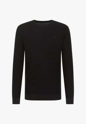 Mustra mustreeritud must soe särk, millel on ümar kaelus, pikad varrukad ja soonikserv. Rinnaosas on peen brändimine. Sile tekstuur.