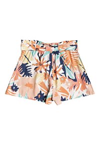 Shorts floraux en tissu léger, présentant une palette de couleurs pastel avec des feuilles orange, marine et vertes ; conception avec taille ceinturée.