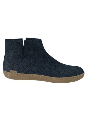 Dark gray felt ankle boot with light brown rubber sole and small fabric brand label on side.