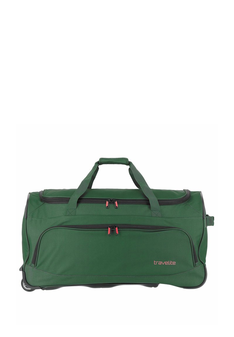 Groene sporttas met zwarte accenten, dubbele handvatten aan de bovenkant, twee met rits afgesloten vakken, wielen en een logo op de zijkant.