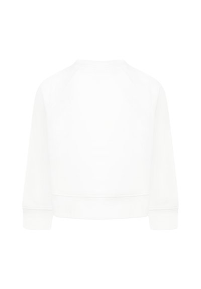 Felpa bianca corta con maniche lunghe a raglan, texture liscia, polsini e orlo ribattuti, caratterizzata da un design semplice e senza grafiche visibili.