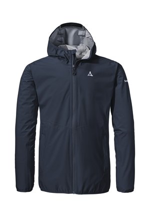 Marineblaue wasserfeste Jacke mit Reißverschluss, verstellbarer Kapuze und elastischen Bündchen. Sie zeichnet sich durch ein dezentes Logo auf der Brust und eine glatte Textur aus.