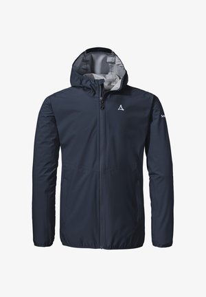 Marineblaue wasserfeste Jacke mit Reißverschluss, verstellbarer Kapuze und elastischen Bündchen. Sie zeichnet sich durch ein dezentes Logo auf der Brust und eine glatte Textur aus.