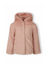 Mäkká ružová bunda s kapucňou z umelého kožúšku s dlhými rukávmi, predným zapínaním a nadýchanou, útulnou textúrou.