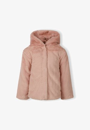 Mīksta rozā kapucēta mākslīgā kažokādas jaka ar garām piedurknēm, priekšējo aizdari un greznu, ērti mīkstu tekstūru.