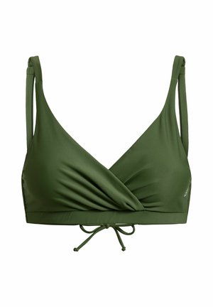 Top de bikini verde măsliniu cu partea din față tip înfășurată, bretele reglabile și nod la banda inferioară centrală.
