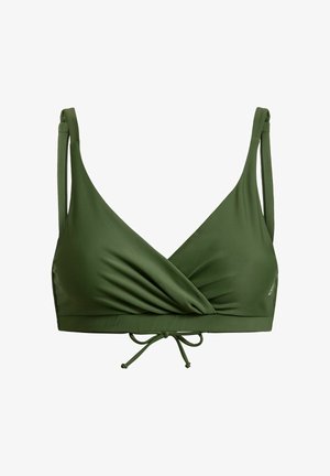 Olívazöld bikini felsőrész átfedős stílusú elülső résszel, állítható vállpántokkal és a középső alsó pánton megkötött csomóval.
