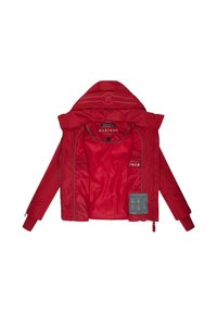 Red puffer jacket with a hood, featuring a smooth exterior, zippered pockets, and an interior pocket with care symbols. Accented with grey trim.