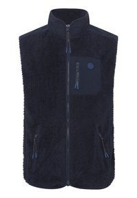 Navy vest od flisa s visokim ovratnikom, prednjim patentnim zatvaračem i dva bočna džepa. Teksturirana tkanina, kontrastni glatki džepovi i detalji sa patentnim zatvaračem.
