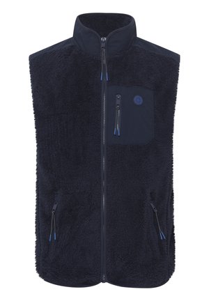 Marine fleece vest met hoge kraag, frontale rits en twee zijzakken. Gestructureerde stof, contrasterende gladde zakken en ritsaccenten.