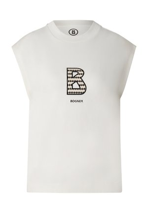 Ärmelloses weißes Hemd mit gepolsterten Schultern, das einen großen gemusterten Buchstaben "B" und den Schriftzug "Bogner" mittig auf der Vorderseite zeigt.