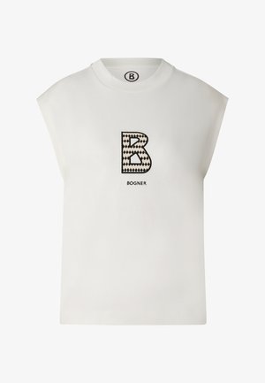 Biała koszulka bez rękawów z wyściełanymi ramionami, z dużą wzorzystą literą "B" i napisem "Bogner" umieszczonym na środku z przodu.