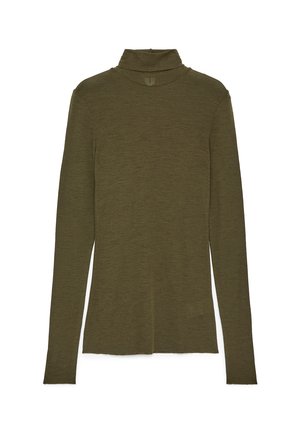 Olive green long-sleeve turtleneck sweater with slim fit and plain knit texture, displayed on a white background.