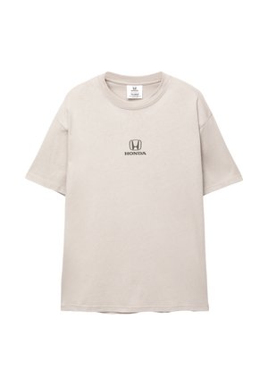 Beige cotton t-shirt with short sleeves and a crew neck. Features a black Honda logo printed centrally on the chest. Casual fit.