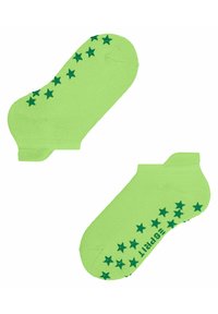Grüne Knöchelsocken mit einer strukturierten Oberfläche und dunkelgrünen Sternmustern entlang der Unterseite, hergestellt aus weichem, dehnbarem Stoff.