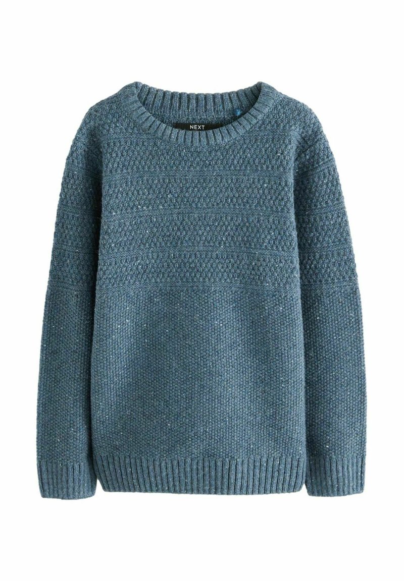 Maglione azzurro lavorato a maglia con un motivo testurizzato, collo a girocollo a costine e orlo a costine. Realizzato in un tessuto spesso e morbido.