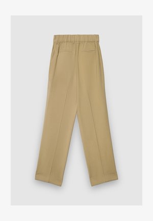 Pantaloni beige a vita alta con vita elasticizzata, due tasche posteriori e design a gamba larga. Tessuto liscio con pieghe frontali.