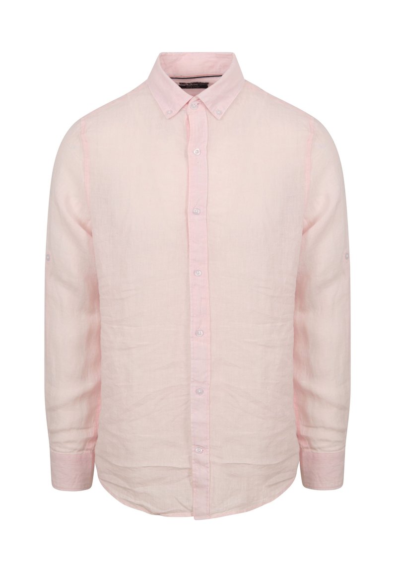 Lichtroze langemouw shirt van linnen, met een button-down kraag en knopen aan de voorkant, met een zachte, gestructureerde afwerking.