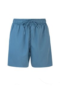 Pantaloni da bagno blu realizzati in materiale leggero; vita elastica con cordino; texture liscia, lunghezza sopra il ginocchio.