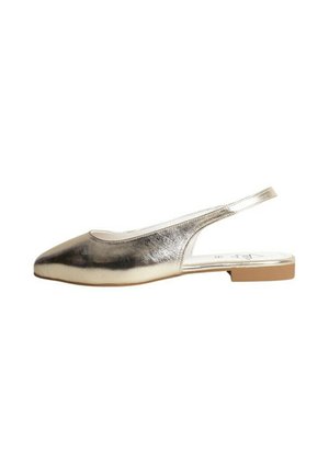 Chaussure plate type slingback en doré métallisé, avec un bout rond, une texture en cuir lisse et un petit talon carré.