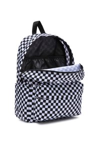 Black and white checkered backpack with a spacious main compartment, front pocket, and a fabric loop for hanging. Durable material, zipper closures.