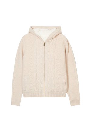 Pull à capuche beige avec fermeture éclair, motif en torsades, intérieur douillet, poignets et ourlet côtelés; doté de deux poches latérales.