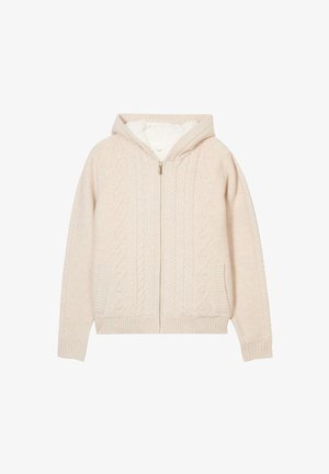 Pull à capuche beige avec fermeture éclair, motif en torsades, intérieur douillet, poignets et ourlet côtelés; doté de deux poches latérales.