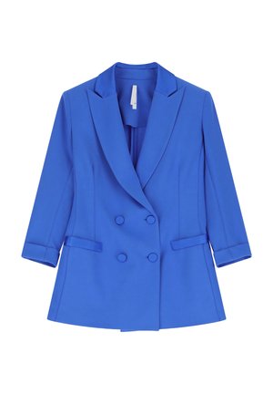 Blazer doppiopetto di un vivace blu. Presenta un collo sciallato, due tasche sul davanti e maniche a tre quarti. Texture del tessuto liscia.