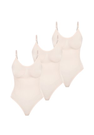 Tre body in tessuto morbido e elastico. Caratterizzati da spalline sottili, scollatura a barca e un design aderente con bordi senza cuciture.