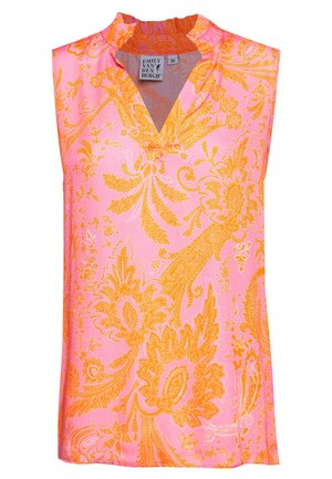 Ærmeløs bluse i lyserød med orange blomster-paisleymønster og V-hals med flæset krave, størrelse 36, af Emily Van Den Bergh.