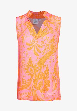 Blouse sans manches rose avec motif floral paisley orange et encolure en V avec col à volants, taille 36, par Emily Van Den Bergh.
